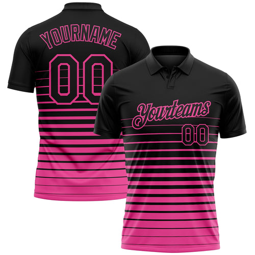 Custom Black-Pink Horizontal Gradient Stripe Performance Polo Shirt