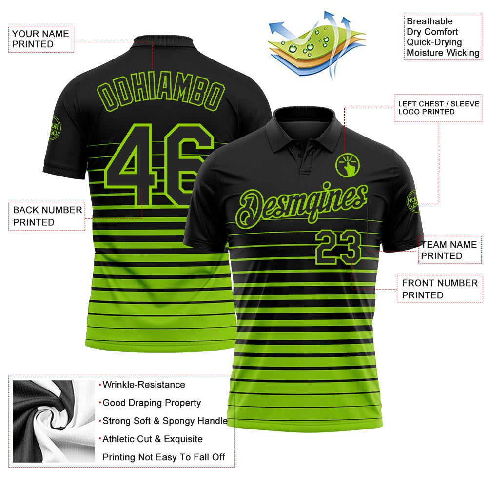 Custom Black-Neon Green Horizontal Gradient Stripe Performance Polo Shirt
