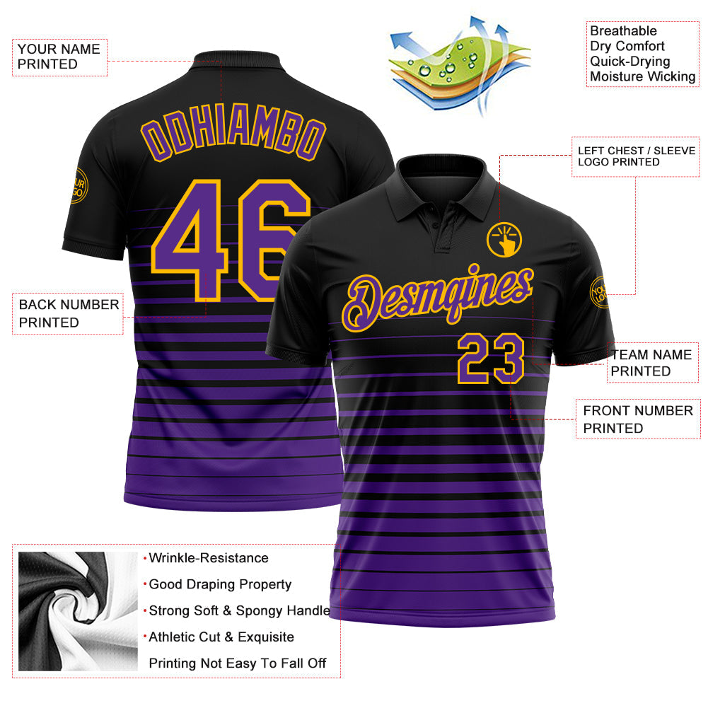 Custom Black Purple-Gold Horizontal Gradient Stripe Performance Polo Shirt
