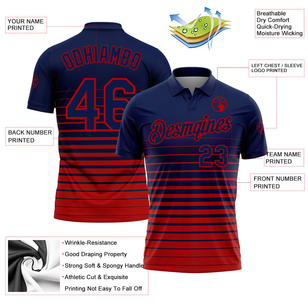 Custom Navy-Red Horizontal Gradient Stripe Performance Polo Shirt