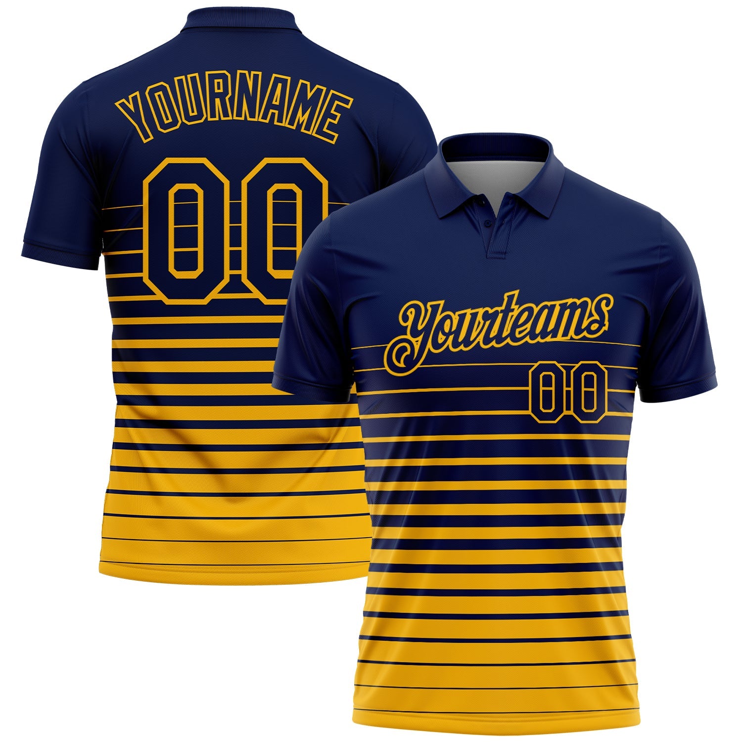 Custom Navy-Gold Horizontal Gradient Stripe Performance Polo Shirt
