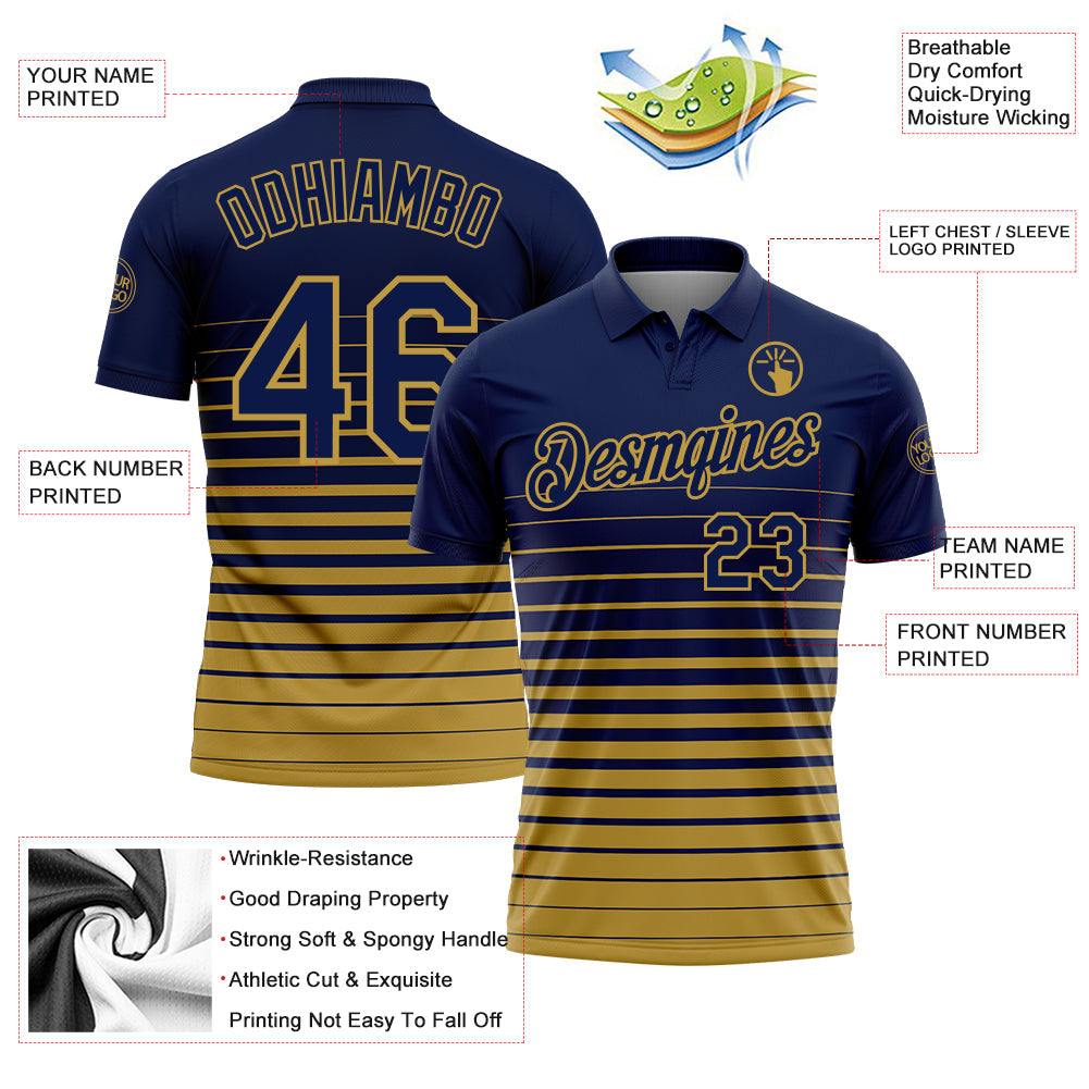 Custom Navy-Old Gold Horizontal Gradient Stripe Performance Polo Shirt