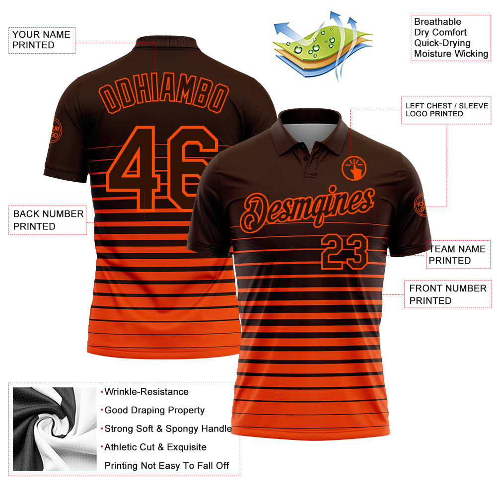 Custom Brown-Orange Horizontal Gradient Stripe Performance Polo Shirt