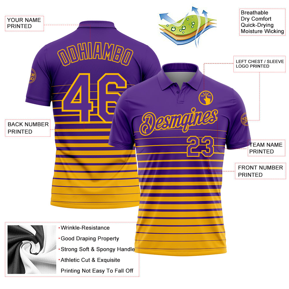 Custom Purple-Gold Horizontal Gradient Stripe Performance Polo Shirt