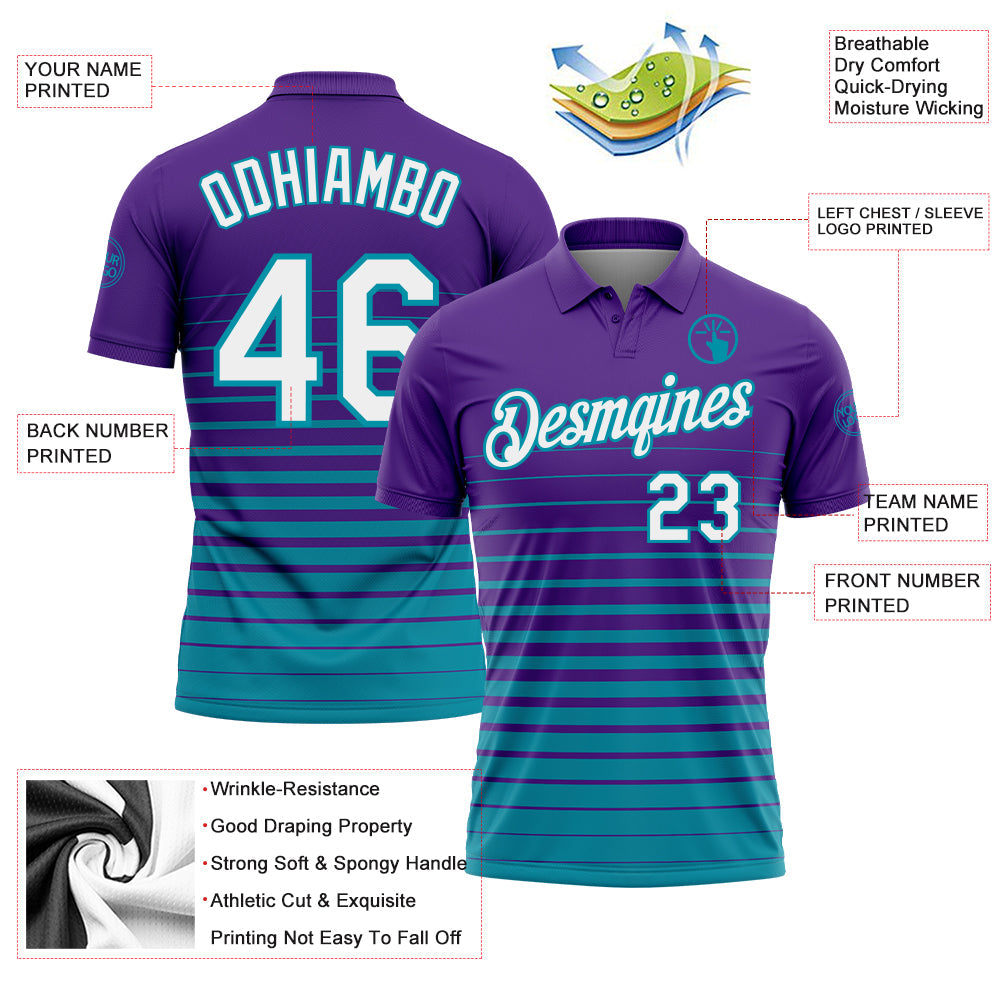 Custom Purple White-Teal Horizontal Gradient Stripe Performance Polo Shirt