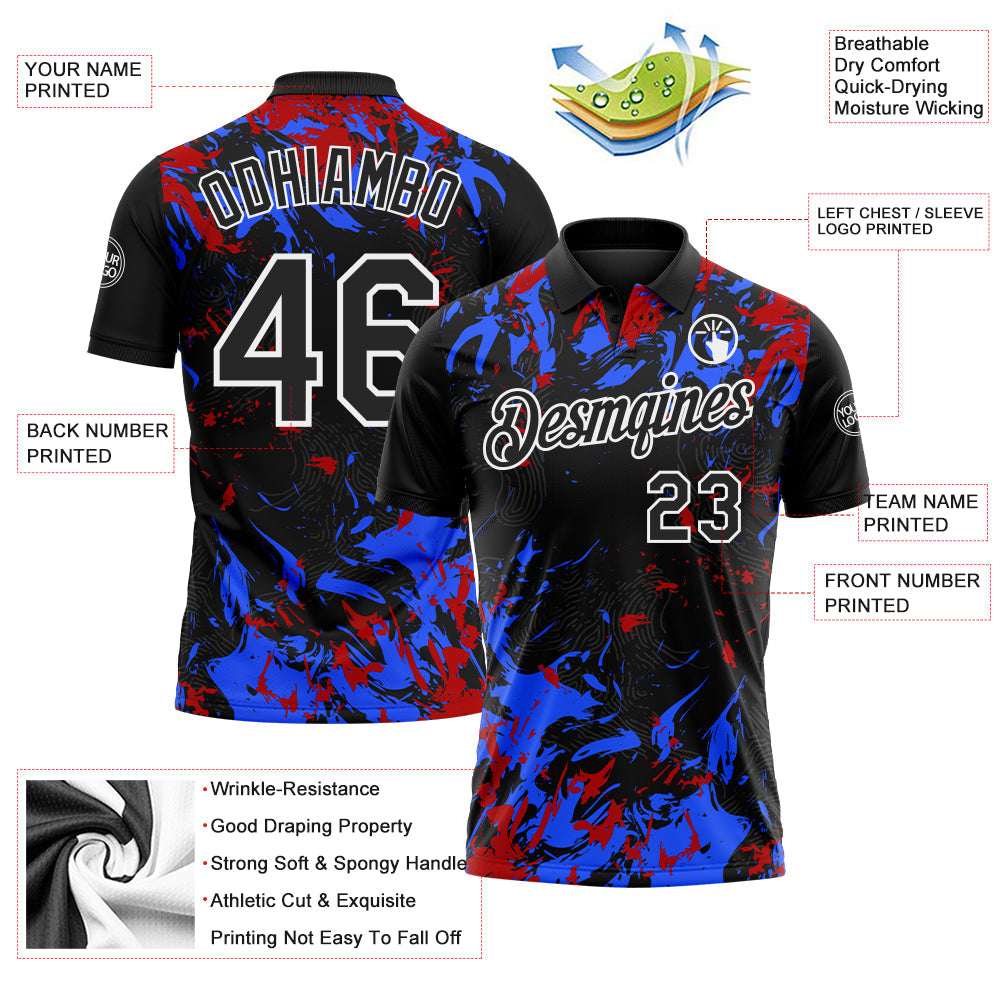 Custom Black Royal Red-White Dynamic Splatter Brush Stroke Performance Polo Shirt