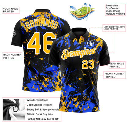 Custom Black Gold Royal-White Dynamic Splatter Brush Stroke Performance Polo Shirt