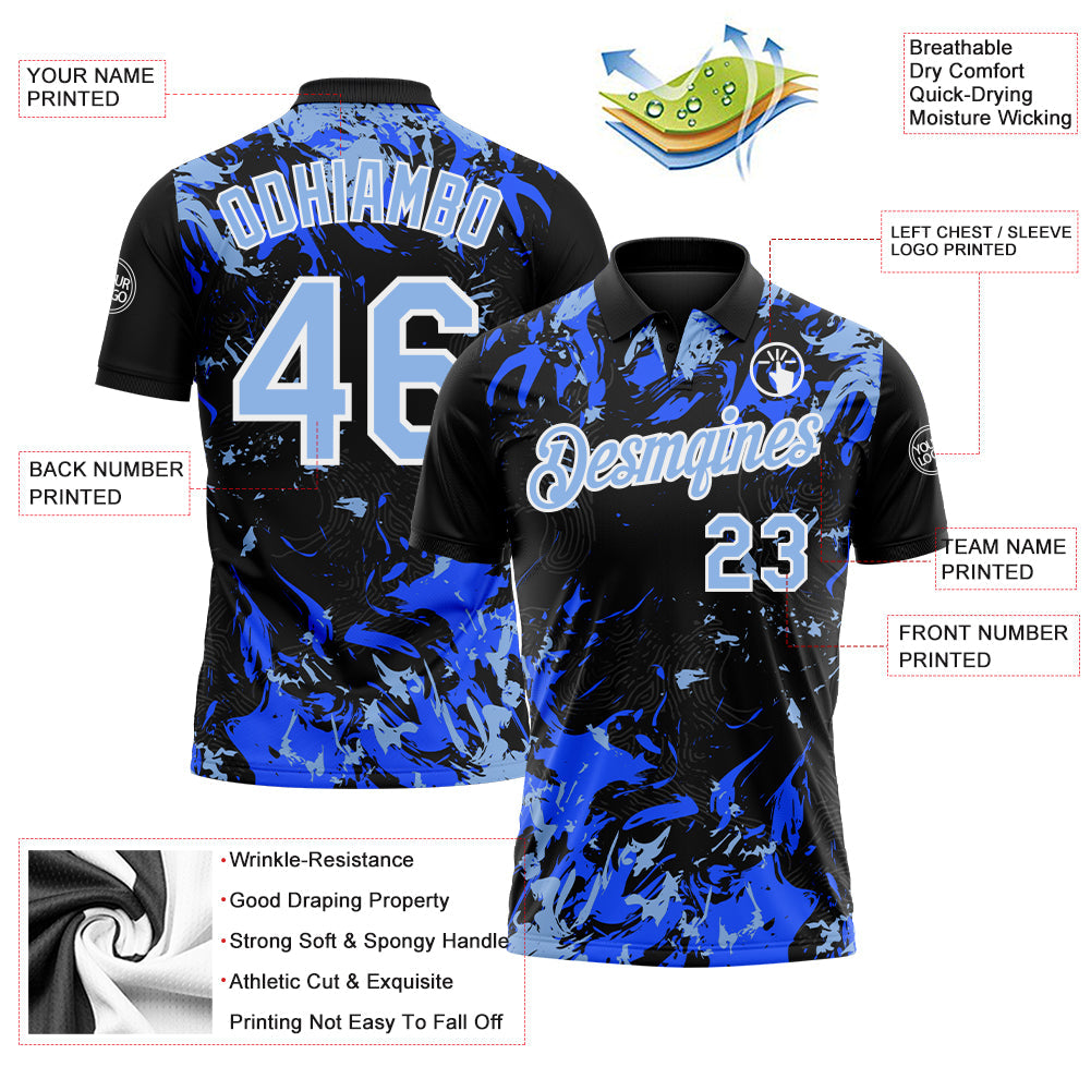 Custom Black Light Blue Royal-White Dynamic Splatter Brush Stroke Performance Polo Shirt