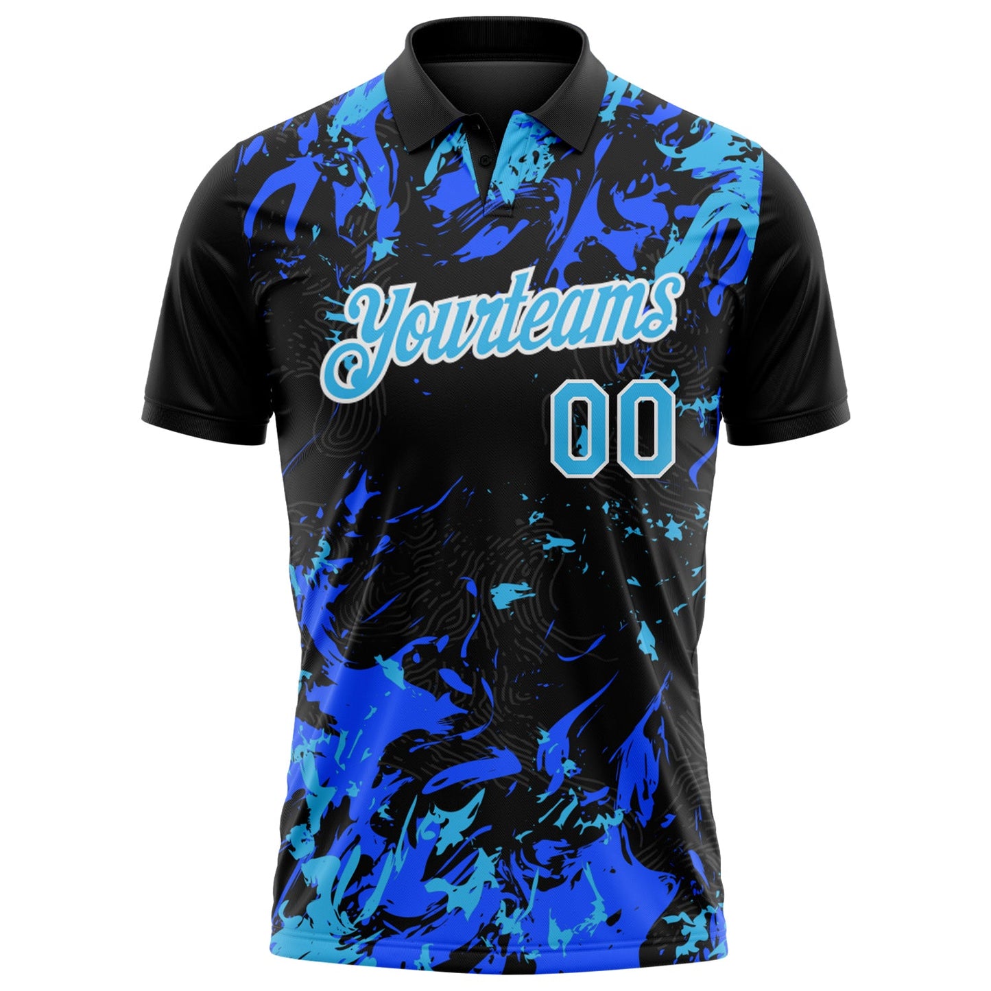 Custom Black Sky Blue Royal-White Dynamic Splatter Brush Stroke Performance Polo Shirt