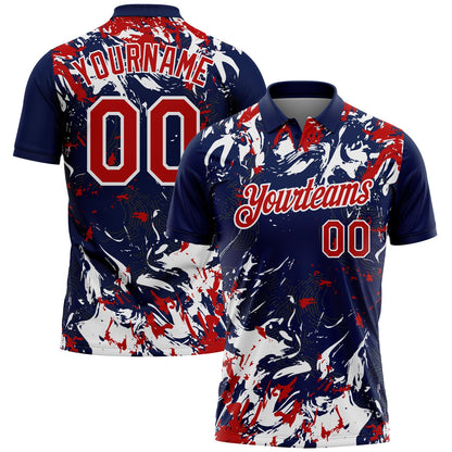 Custom Navy Red-White Dynamic Splatter Brush Stroke Performance Polo Shirt