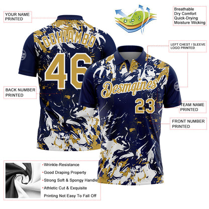Custom Navy Old Gold-White Dynamic Splatter Brush Stroke Performance Polo Shirt
