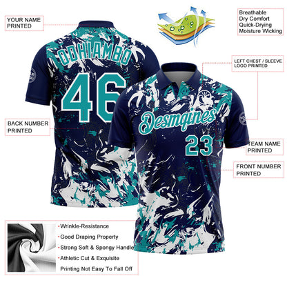 Custom Navy Teal-White Dynamic Splatter Brush Stroke Performance Polo Shirt