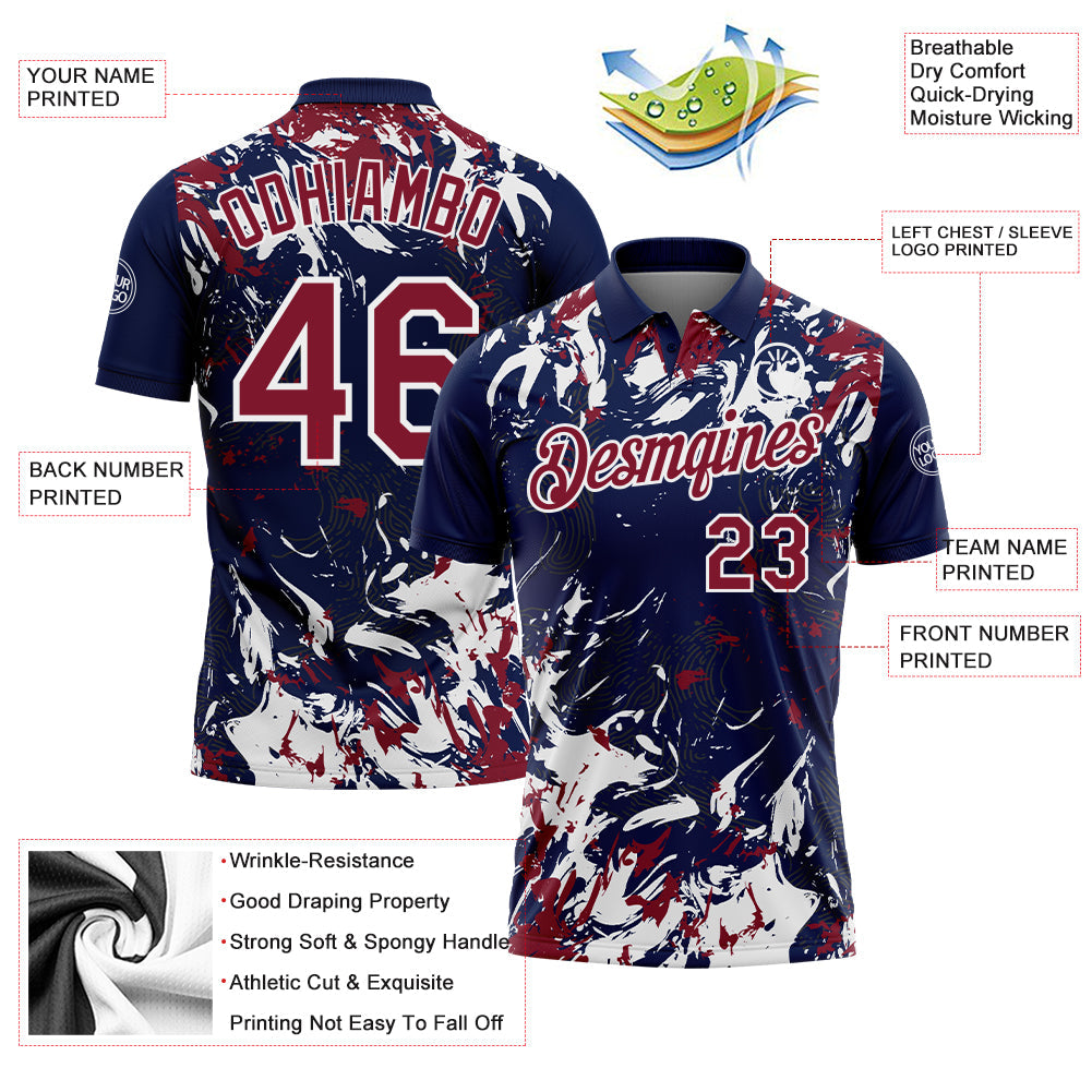 Custom Navy Crimson-White Dynamic Splatter Brush Stroke Performance Polo Shirt