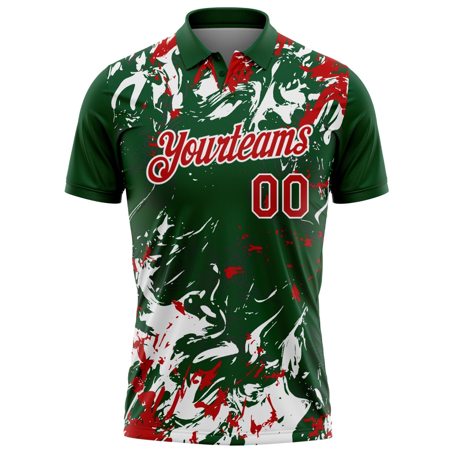 Custom Green Red-White Dynamic Splatter Brush Stroke Performance Polo Shirt