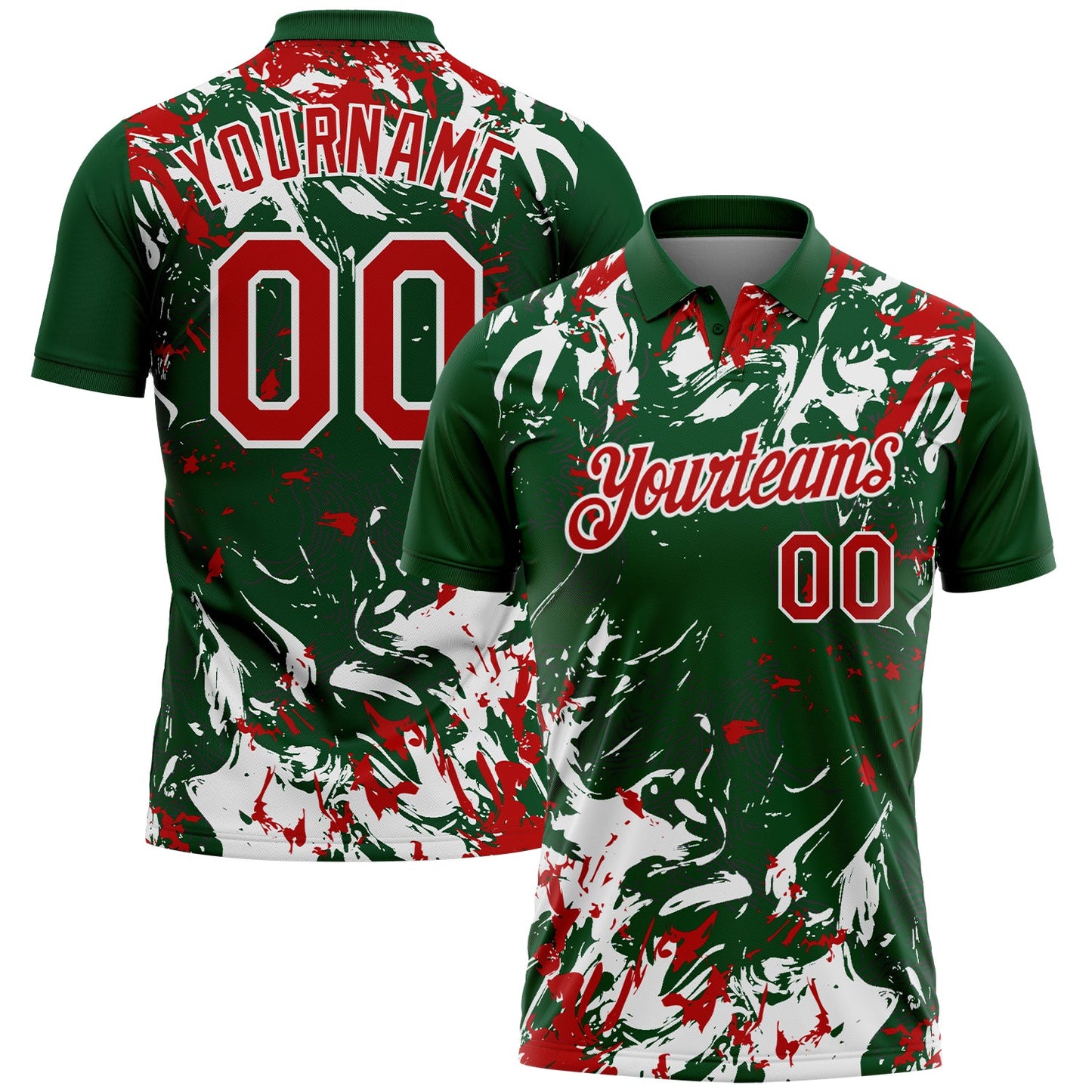 Custom Green Red-White Dynamic Splatter Brush Stroke Performance Polo Shirt