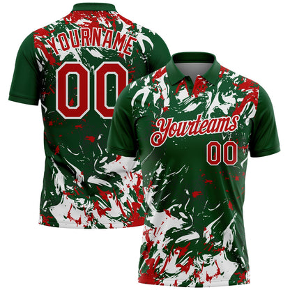 Custom Green Red-White Dynamic Splatter Brush Stroke Performance Polo Shirt