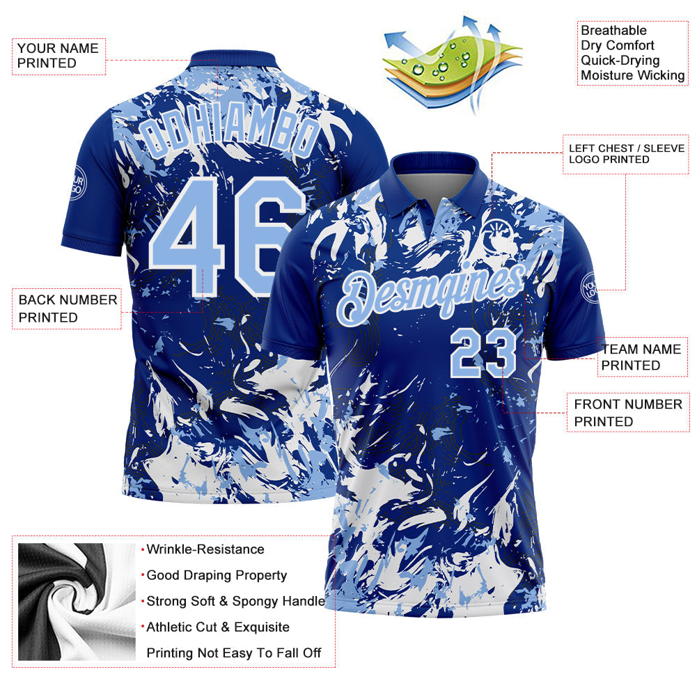 Custom Royal Light Blue-White Dynamic Splatter Brush Stroke Performance Polo Shirt