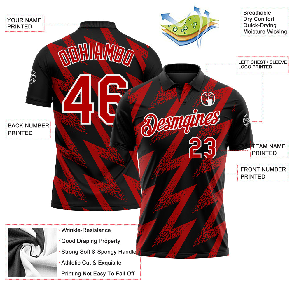 Custom Black Red-White Geometric Zigzag Shape Lightning Performance Polo Shirt