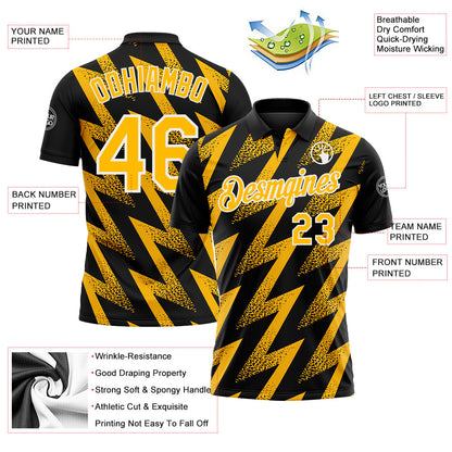 Custom Black Gold-White Geometric Zigzag Shape Lightning Performance Polo Shirt