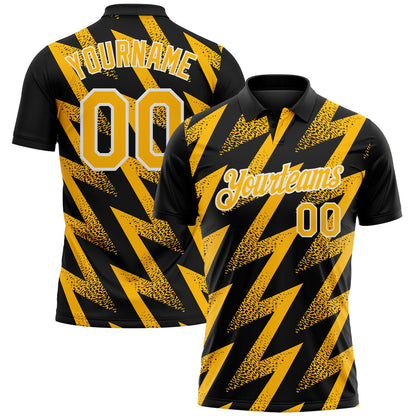 Custom Black Gold-White Geometric Zigzag Shape Lightning Performance Polo Shirt