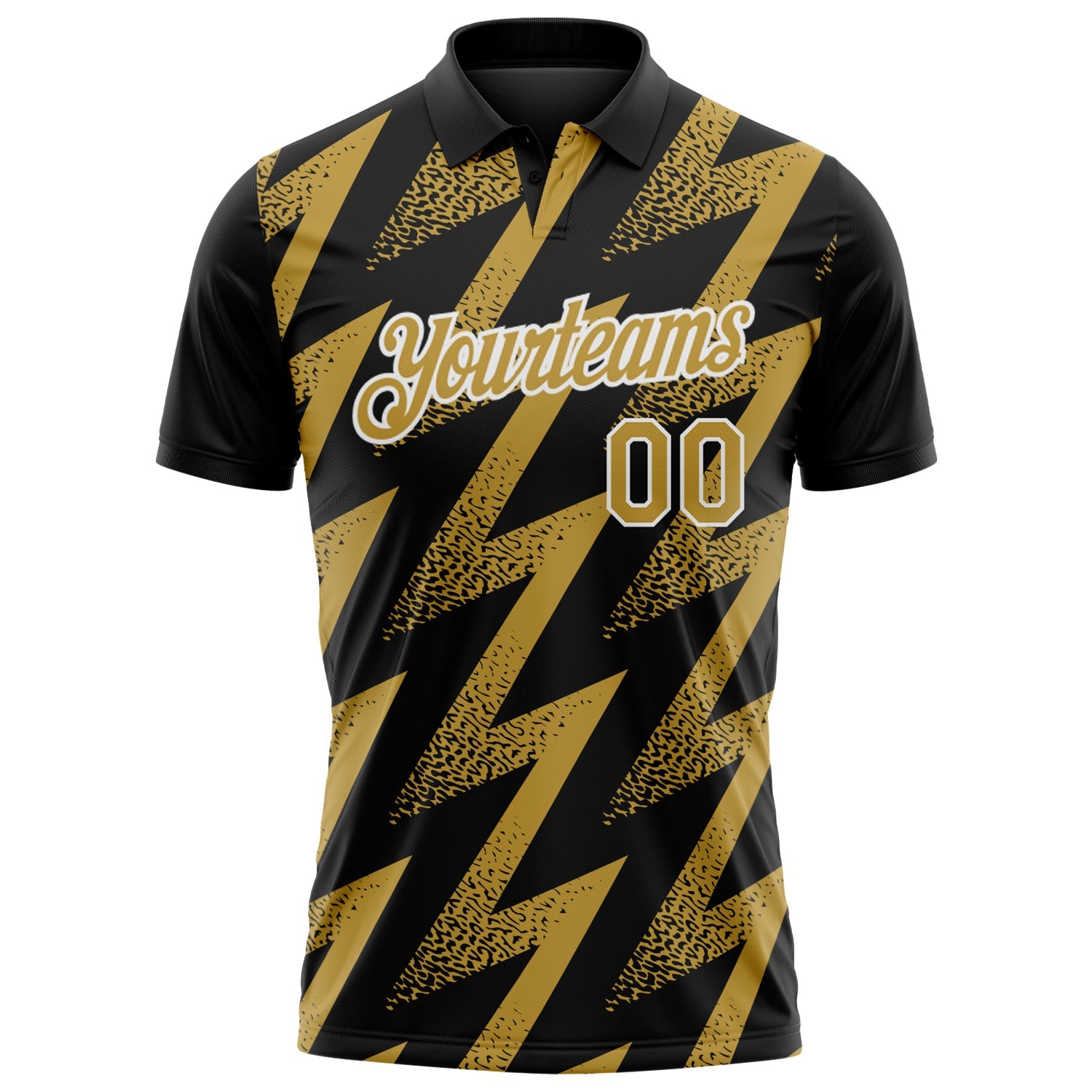 Custom Black Old Gold-White Geometric Zigzag Shape Lightning Performance Polo Shirt