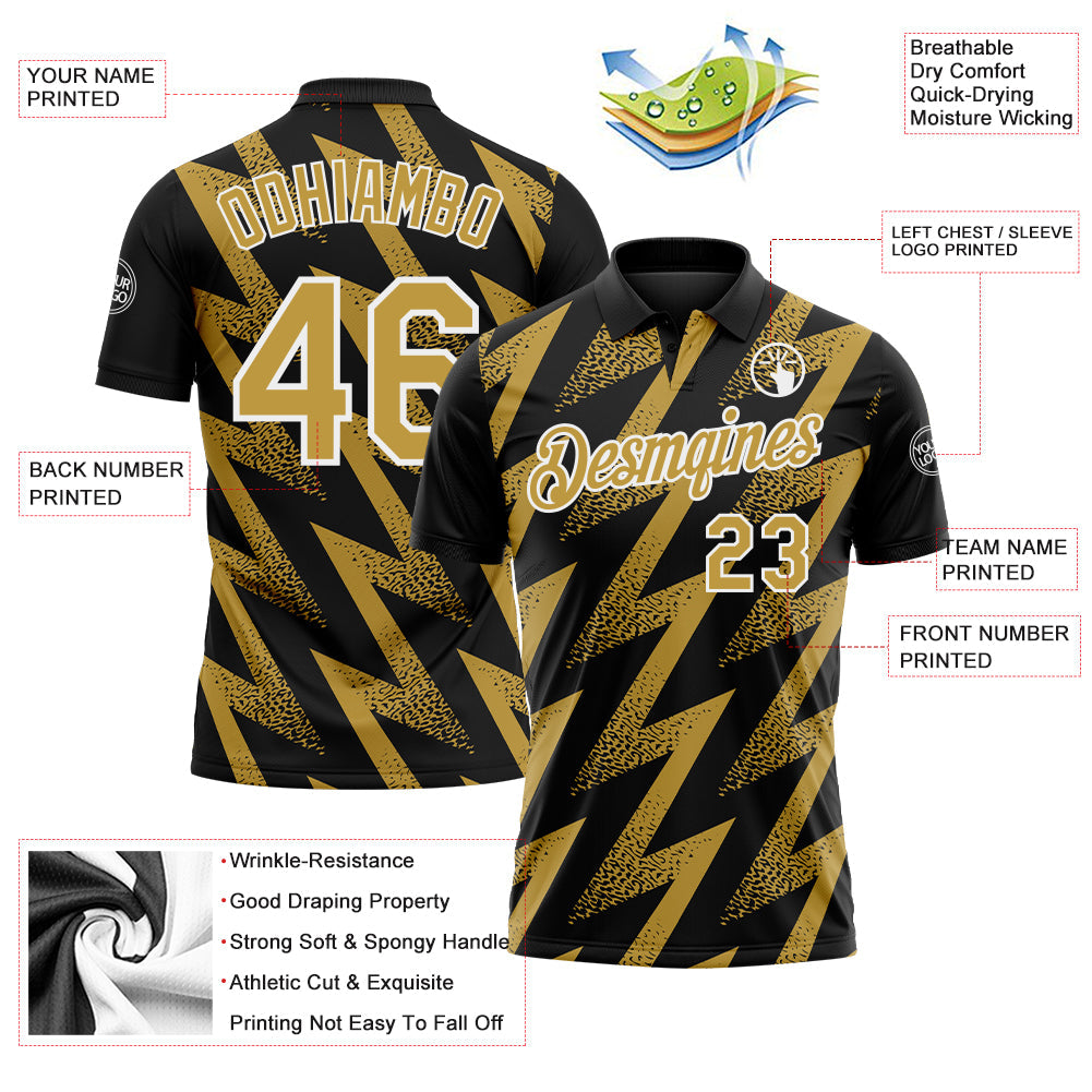 Custom Black Old Gold-White Geometric Zigzag Shape Lightning Performance Polo Shirt