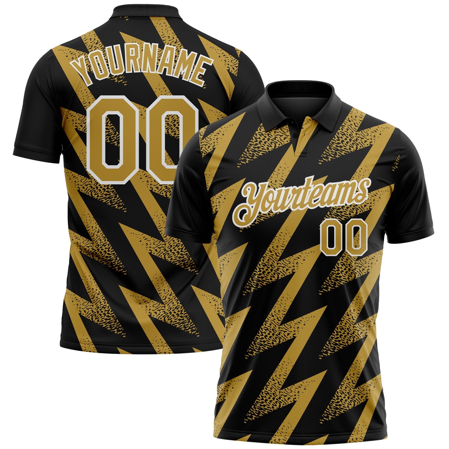 Custom Black Old Gold-White Geometric Zigzag Shape Lightning Performance Polo Shirt