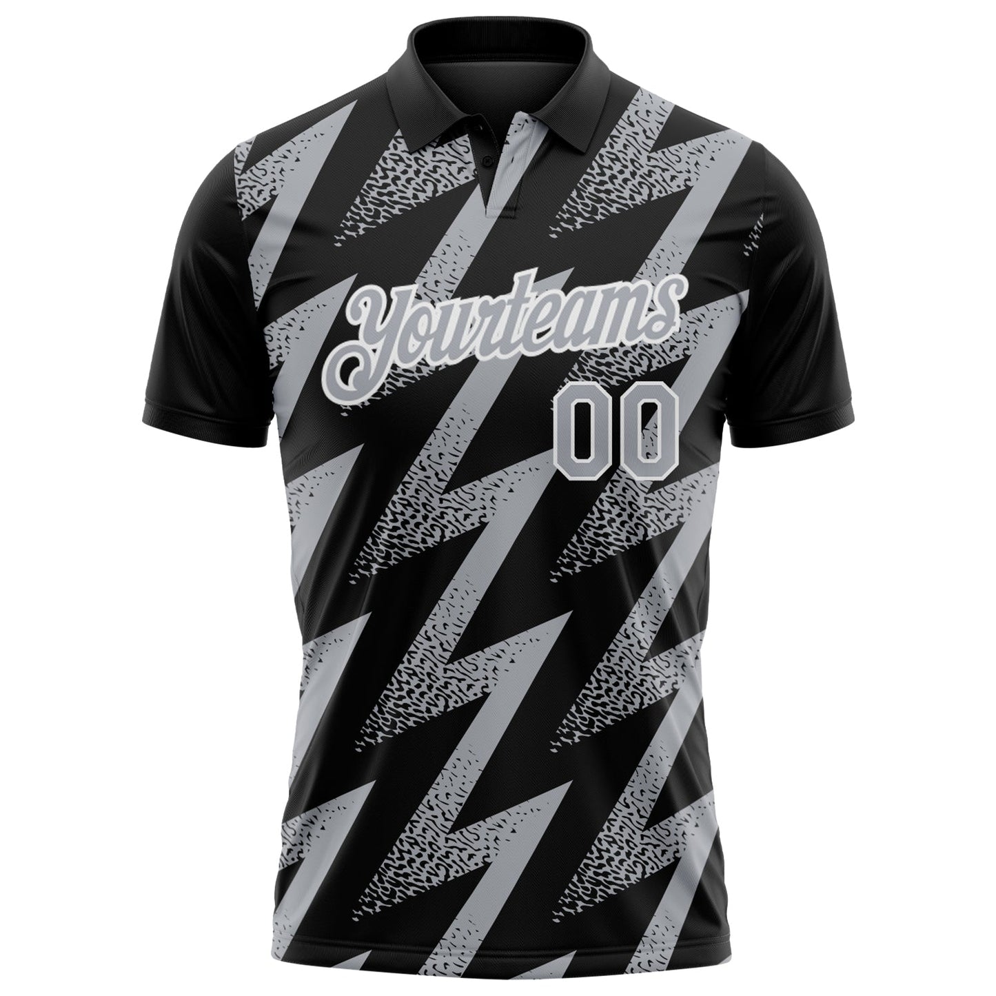 Custom Black Gray-White Geometric Zigzag Shape Lightning Performance Polo Shirt