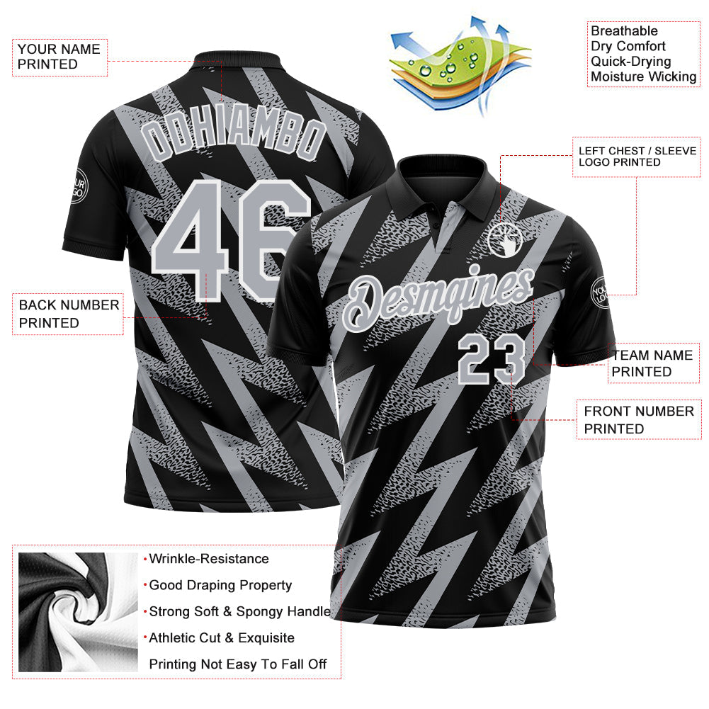 Custom Black Gray-White Geometric Zigzag Shape Lightning Performance Polo Shirt