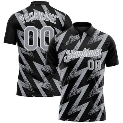 Custom Black Gray-White Geometric Zigzag Shape Lightning Performance Polo Shirt