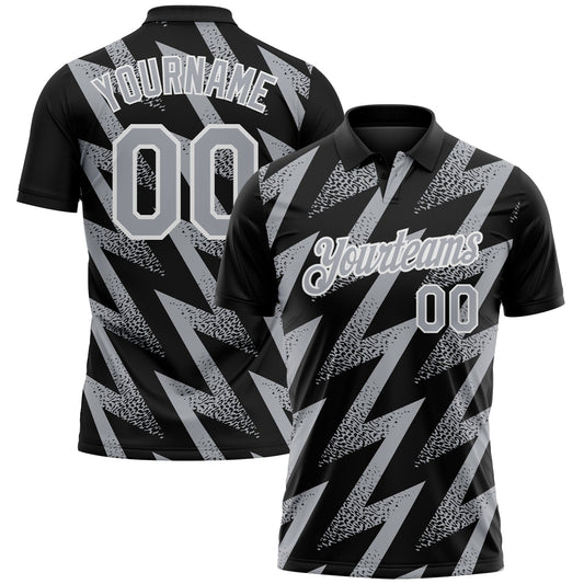 Custom Black Gray-White Geometric Zigzag Shape Lightning Performance Polo Shirt