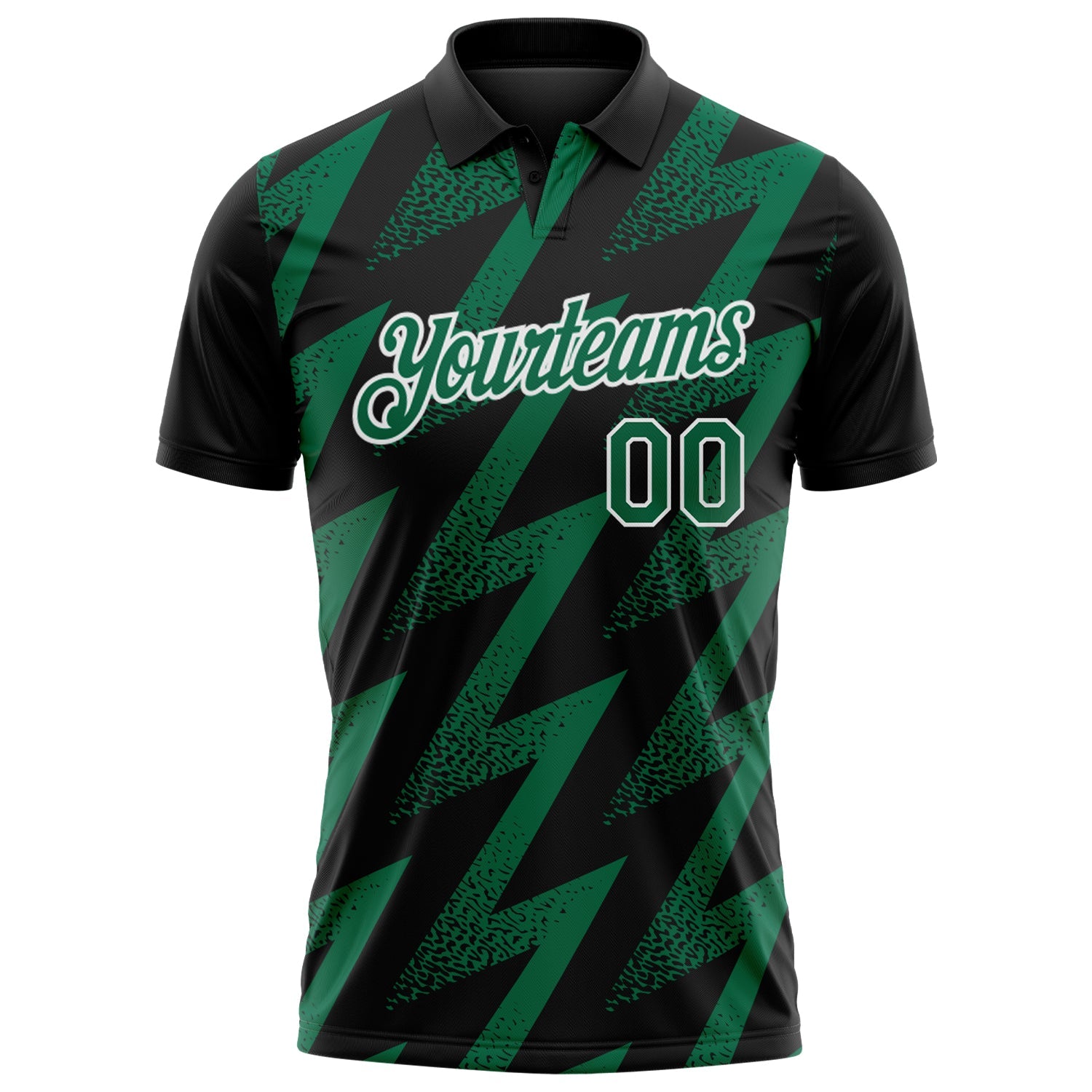 Custom Black Kelly Green-White Geometric Zigzag Shape Lightning Performance Polo Shirt
