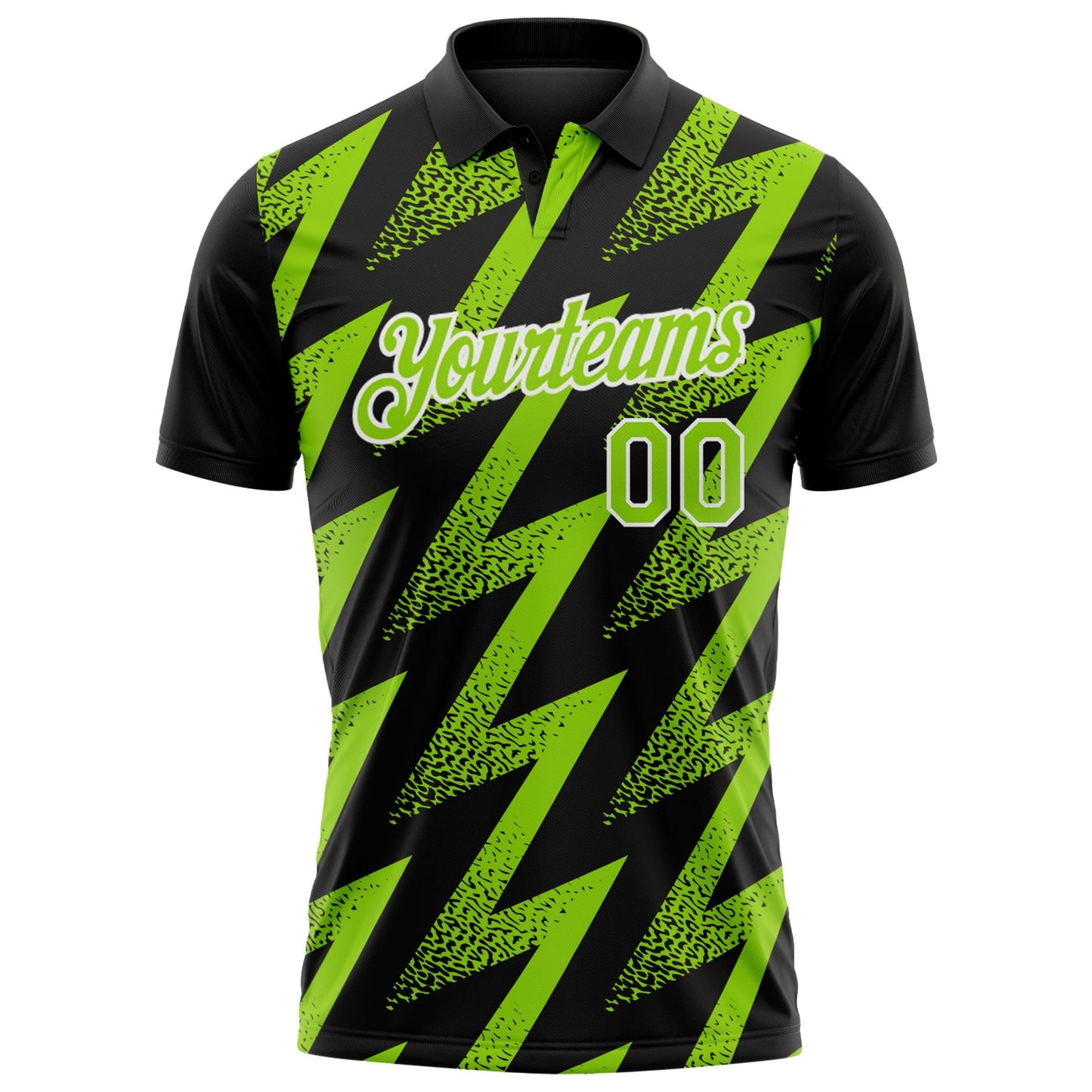 Custom Black Neon Green-White Geometric Zigzag Shape Lightning Performance Polo Shirt