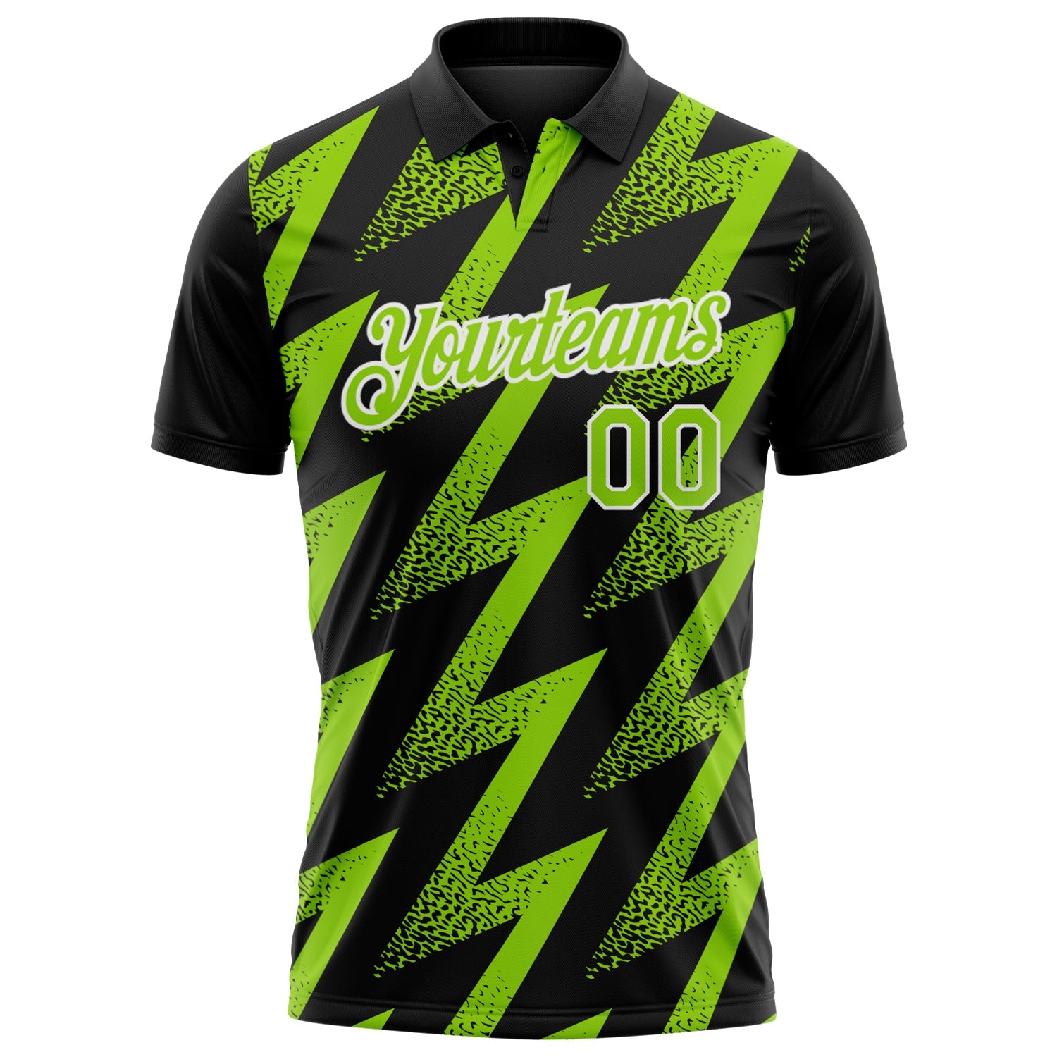 Custom Black Neon Green-White Geometric Zigzag Shape Lightning Performance Polo Shirt