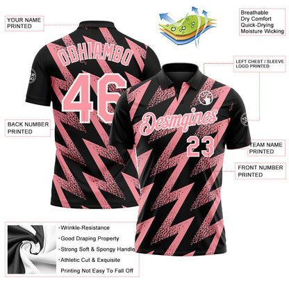 Custom Black Medium Pink-White Geometric Zigzag Shape Lightning Performance Polo Shirt