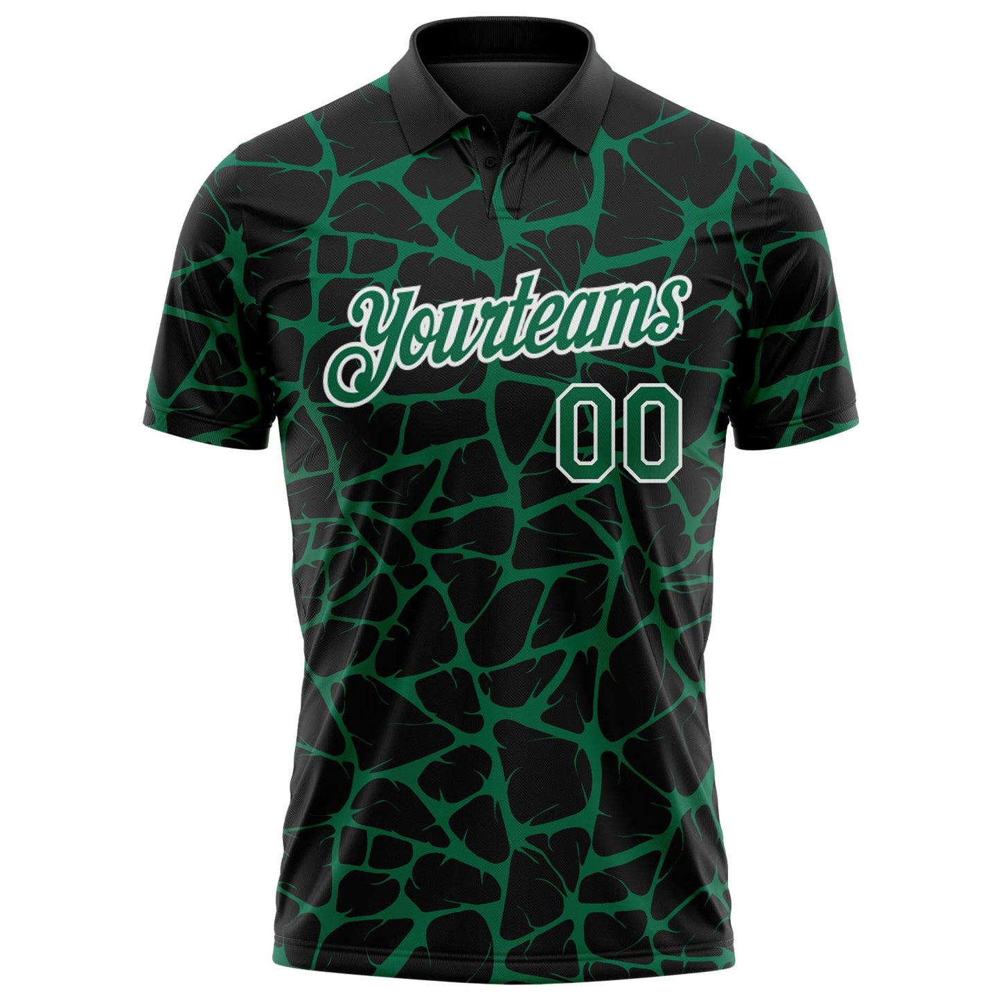 Custom Black Kelly Green-White 3D Pattern Abstract Network Crackle Performance Polo Shirt