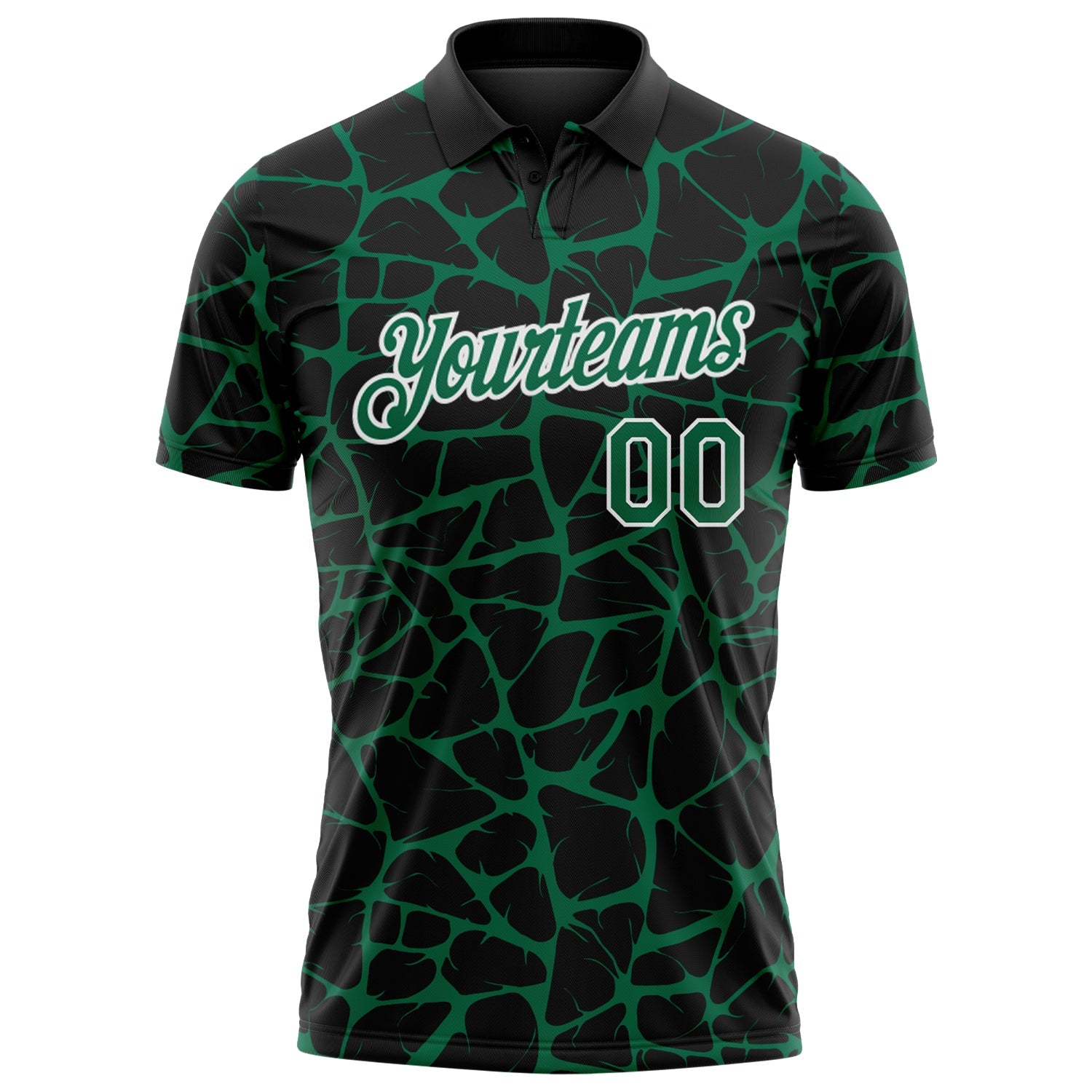 Custom Black Kelly Green-White 3D Pattern Abstract Network Crackle Performance Polo Shirt
