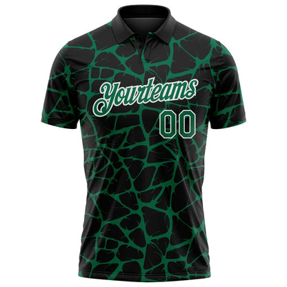 Custom Black Kelly Green-White 3D Pattern Abstract Network Crackle Performance Polo Shirt