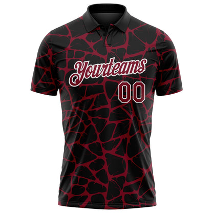Custom Black Crimson-White 3D Pattern Abstract Network Crackle Performance Polo Shirt