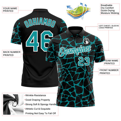 Custom Black Teal-White 3D Pattern Abstract Network Crackle Performance Polo Shirt