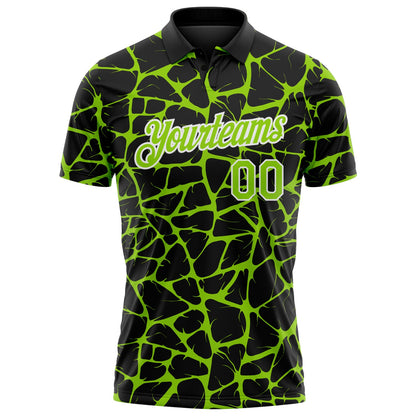 Custom Black Neon Green-White 3D Pattern Abstract Network Crackle Performance Polo Shirt