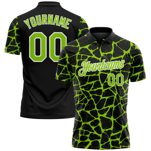 Custom Black Neon Green-White 3D Pattern Abstract Network Crackle Performance Polo Shirt