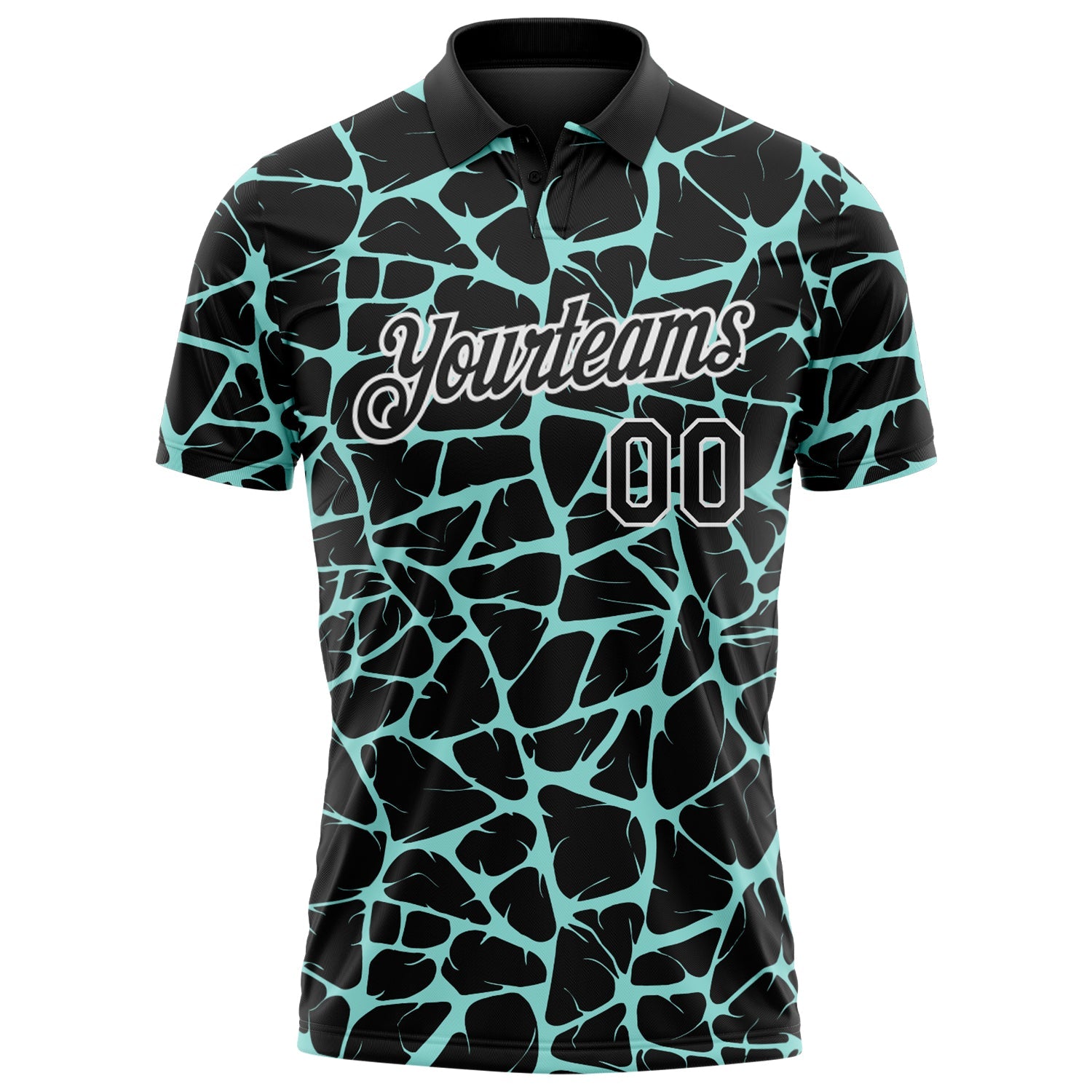 Custom Black Ice Blue-White 3D Pattern Abstract Network Crackle Performance Polo Shirt