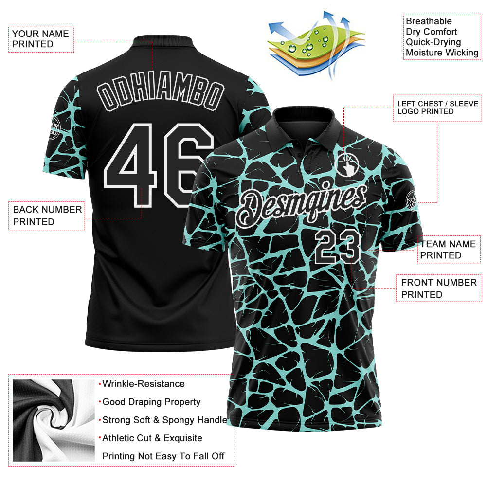 Custom Black Ice Blue-White 3D Pattern Abstract Network Crackle Performance Polo Shirt