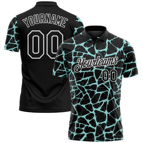 Custom Black Ice Blue-White 3D Pattern Abstract Network Crackle Performance Polo Shirt