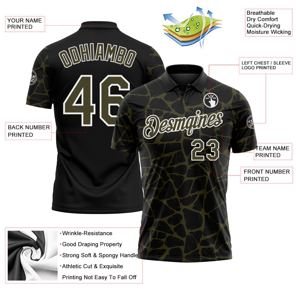 Custom Black Olive-White 3D Pattern Abstract Network Crackle Performance Polo Shirt