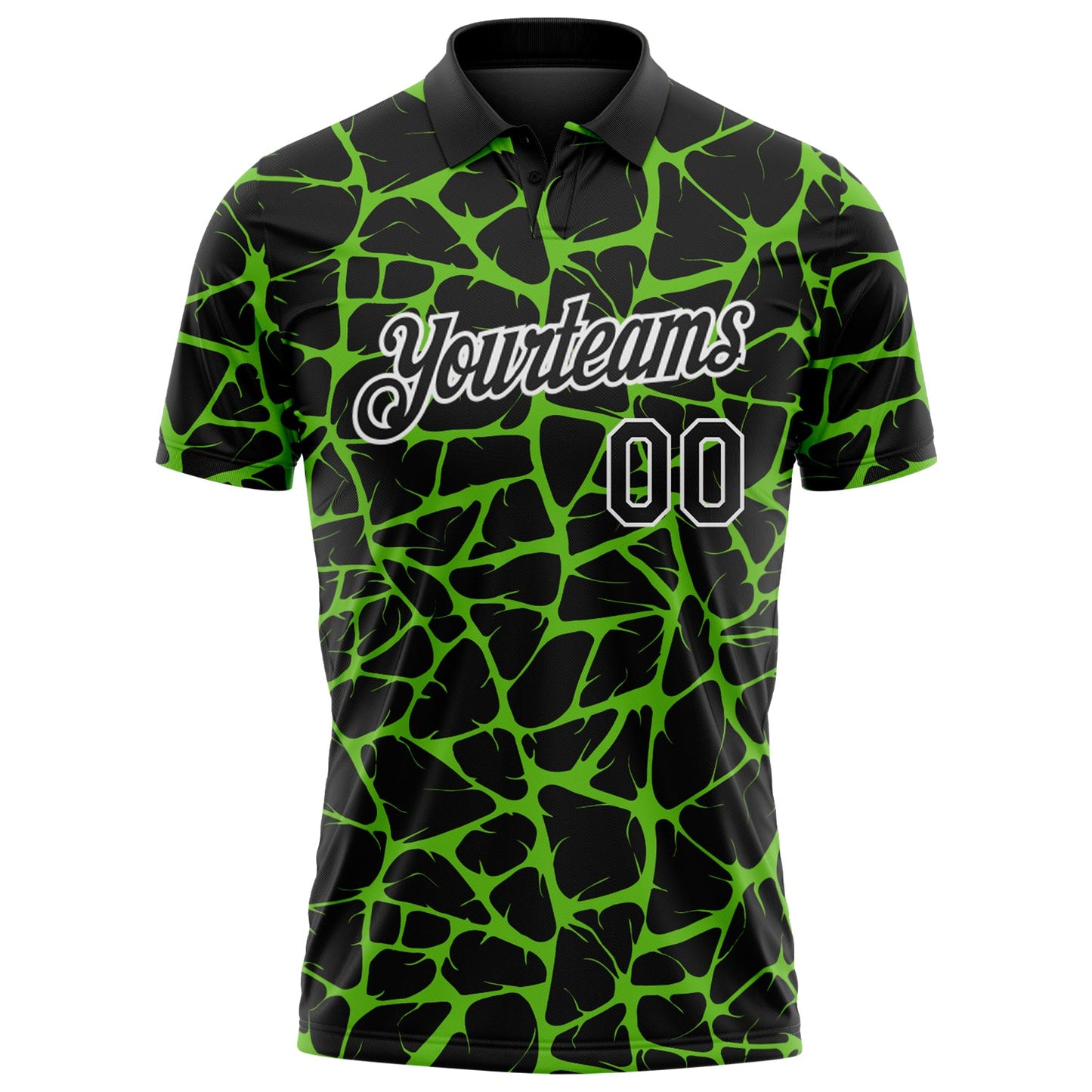 Custom Black Aurora Green-White 3D Pattern Abstract Network Crackle Performance Polo Shirt
