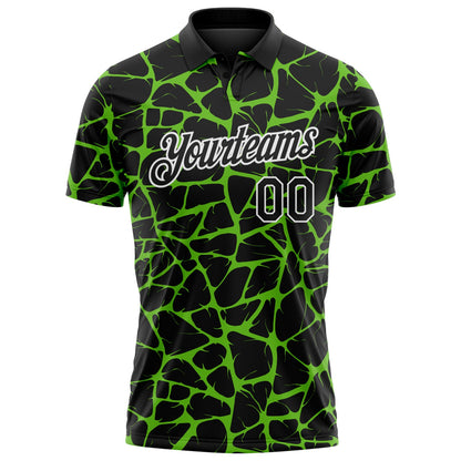 Custom Black Aurora Green-White 3D Pattern Abstract Network Crackle Performance Polo Shirt
