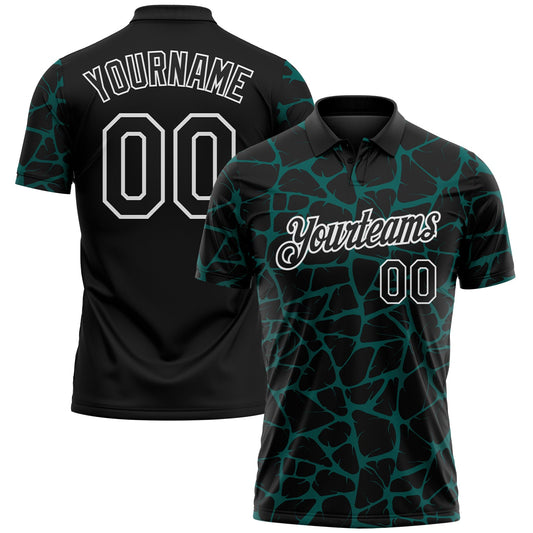 Custom Black Midnight Green-White 3D Pattern Abstract Network Crackle Performance Polo Shirt