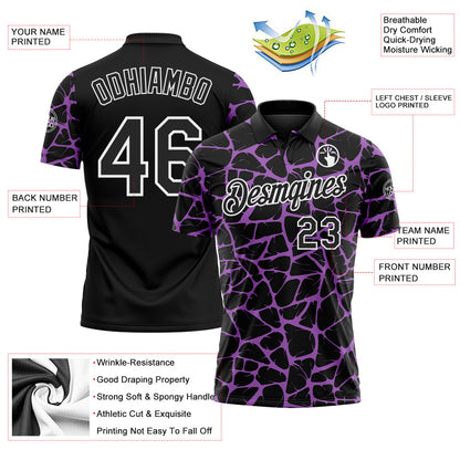 Custom Black Medium Purple-White 3D Pattern Abstract Network Crackle Performance Polo Shirt